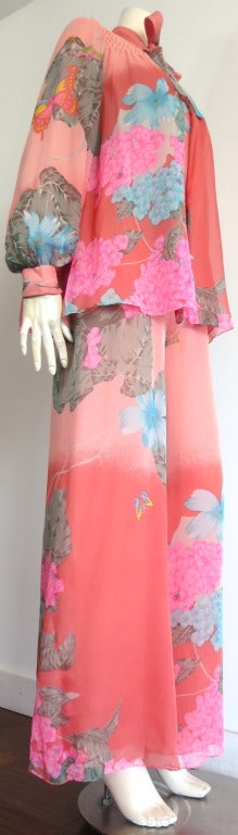 Vintage HANAE MORI COUTURE Japanese floral silk jumpsuit & jacket set For Sale 1