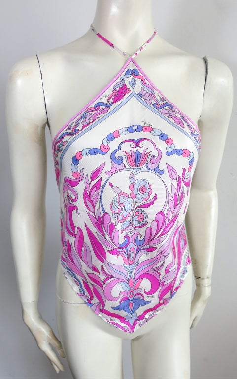 EMILIO PUCCI Abstract geometric printed silk halter scarf top in ivory, fuschia, and light pink.  Signed logo print within graphic.  Engineered border motifs.  Flat scarf measurements: 15