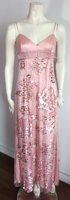 VALENTINO Light pink silk embellished dress. Duchess satin top bodice with wrap around empire waist tie front.  Stunning, all-over beading, and sequin payettes in abstract floral motif.  Fully lined, hand beaded in Italy.  Concealed, left side seam