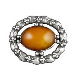 Antique Georg Jensen 1908-1914 Ornate Brooch 108 with Amber