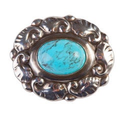 Art Nouveau GEORG JENSEN Turquoise Silver Brooch 60
