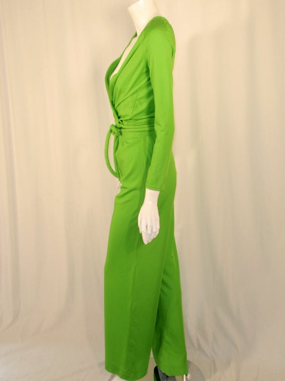 Rudi Gernreich 2 pc Green Jersey Knit Wrap Top & Wide Leg Pant In Excellent Condition For Sale In Los Angeles, CA