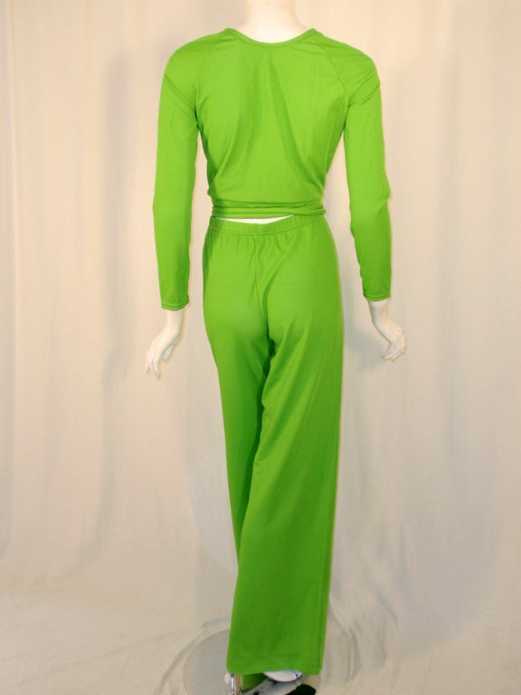 Women's Rudi Gernreich 2 pc Green Jersey Knit Wrap Top & Wide Leg Pant For Sale
