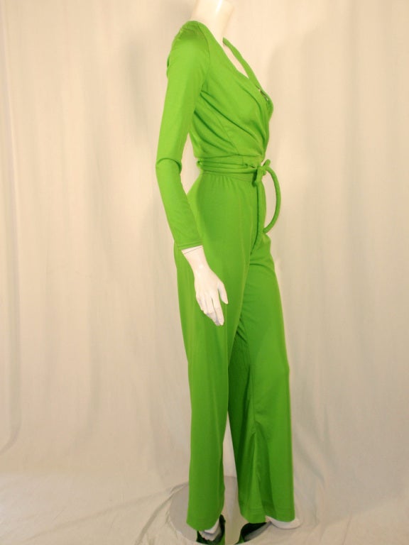 Rudi Gernreich 2 pc Green Jersey Knit Wrap Top & Wide Leg Pant For Sale 1