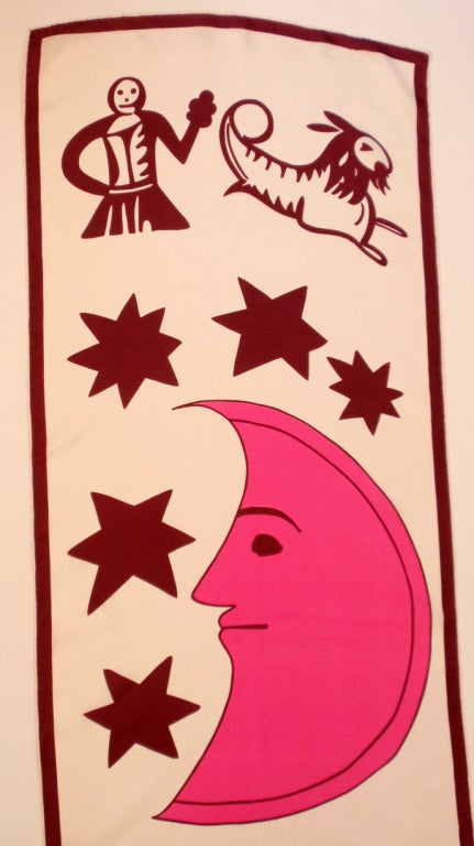 Rudi Gernreich Cream, Pink, Green Sun/Moon Print Silk Scarf 1