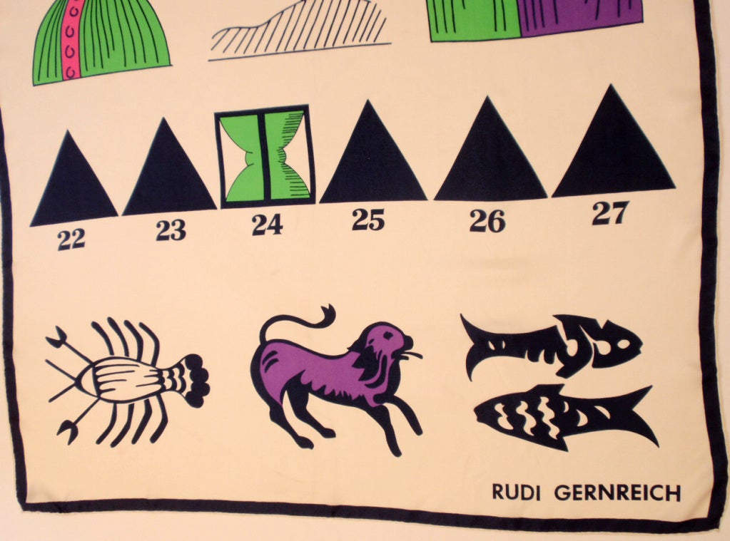 Women's Rudi Gernreich  Cream, Green, Purple Silk Scarf, Abstract Print