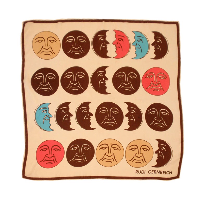Rudi Gernreich Cream Brown Moon Print Silk Scarf