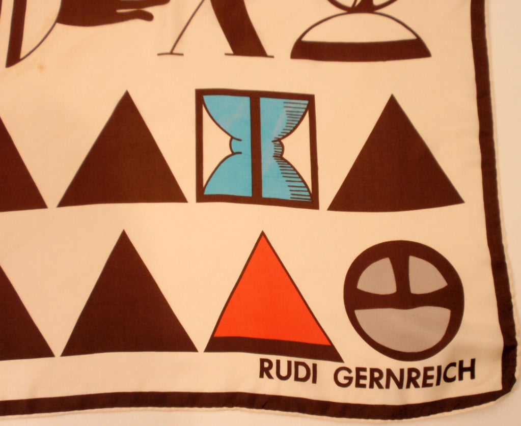 Women's Rudi Gernreich Cream, Brown, Orange Triangle Print Silk Scarf