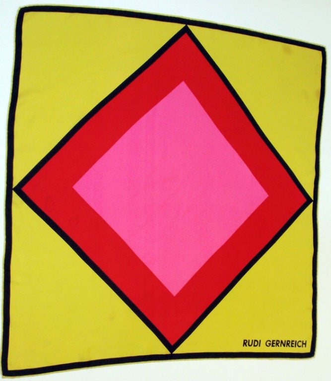 Women's Rudi Gernreich Yellow, Red, Pink Geo Print Silk Scarf with Hand Rolled Hem