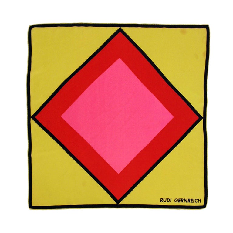 Rudi Gernreich Yellow, Red, Pink Geo Print Silk Scarf with Hand Rolled Hem
