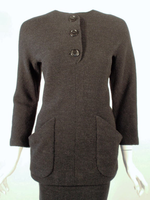 Women's Rudi Gernreich attrib. 2 Piece Gray Wool Knit Skirt Suit, 1950s For Sale