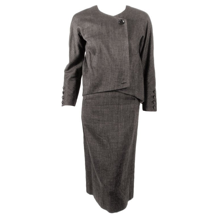 Rudi Gernreich attributed  2 Pc. Gray Skirt Suit w/ Stripe Lining For Sale