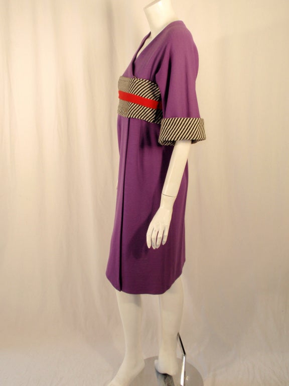 Rudi Gernreich Vintage Purple Wool Kabuki Dress w/ B/W Stripes In Excellent Condition In Los Angeles, CA