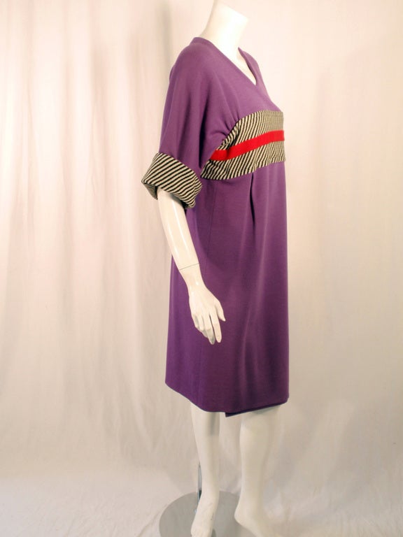 Rudi Gernreich Vintage Purple Wool Kabuki Dress w/ B/W Stripes 1