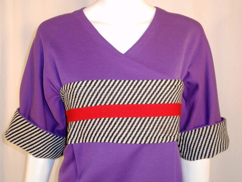 Rudi Gernreich Vintage Purple Wool Kabuki Dress w/ B/W Stripes 2