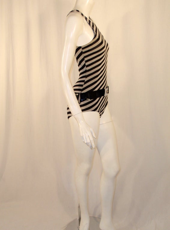 Women's Rudi Gernreich Vintage Black & Grey Striped Swimsuit w/ Belt