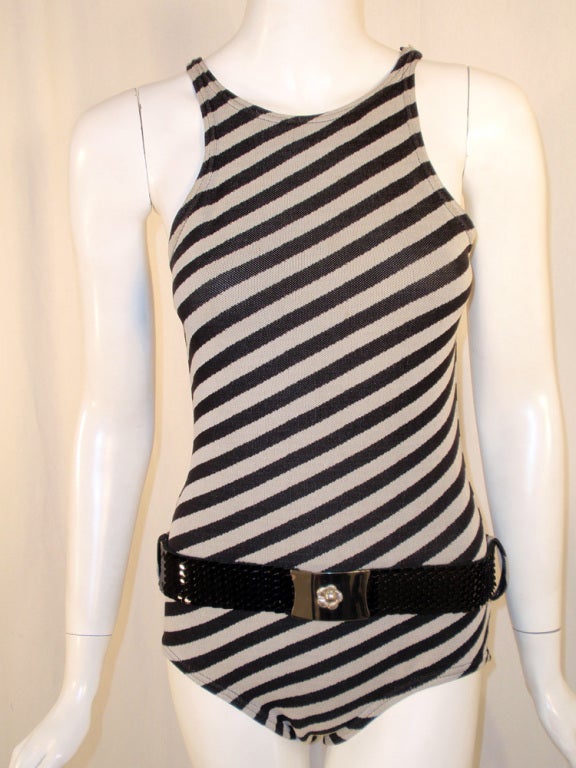 Rudi Gernreich Vintage Black & Grey Striped Swimsuit w/ Belt 1