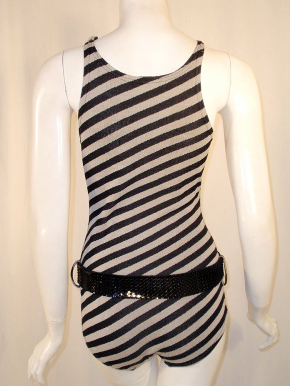 Rudi Gernreich Vintage Black & Grey Striped Swimsuit w/ Belt 2
