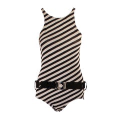 Rudi Gernreich Vintage Black & Grey Striped Swimsuit w/ Belt