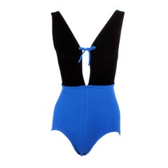 Rudi Gernreich Vintage Blue & Black Rib Knit V-neck Swimsuit