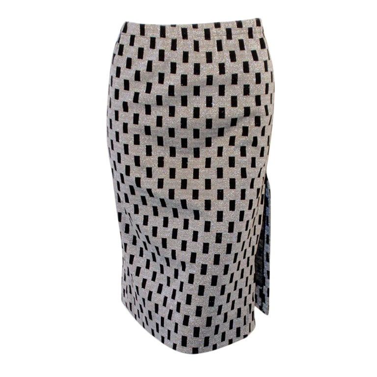 Rudi Gernreich Vintage Black, Silver Lurex Checkered Knit Slit Skirt (Jupe fendue en tricot à carreaux)
