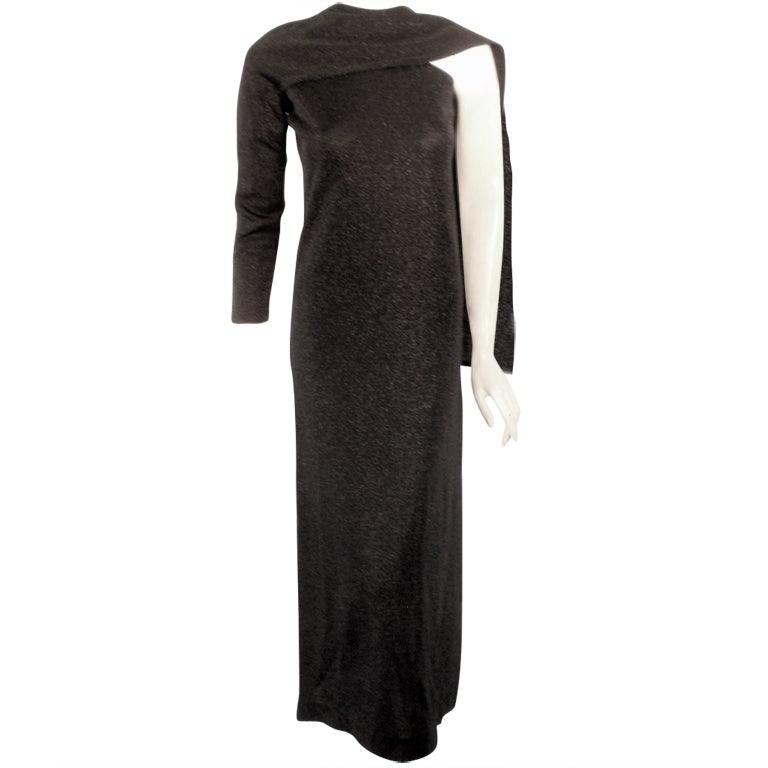 Rudi Gernreich Long Black Lurex Knit Gown w/ 1 Shoulder & Drape For Sale