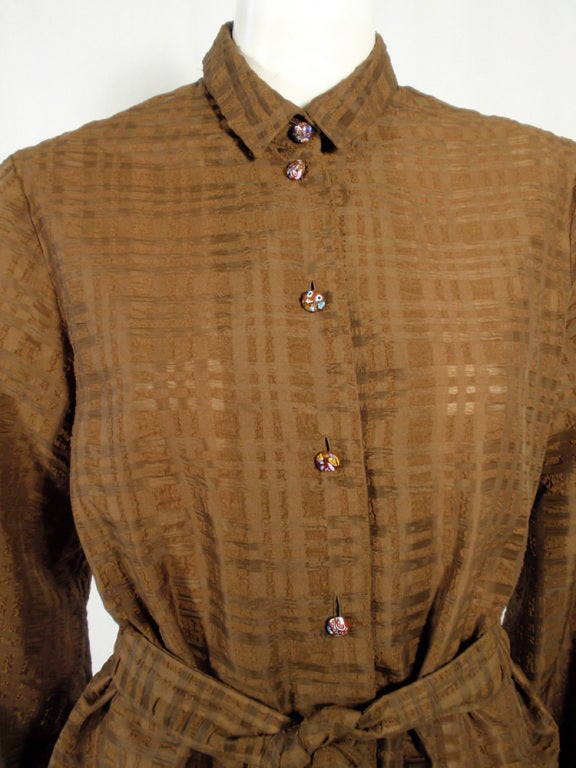 Rudi Gernreich Vintage Brown Silk Dress w/ Belt, Glass Buttons For Sale 2