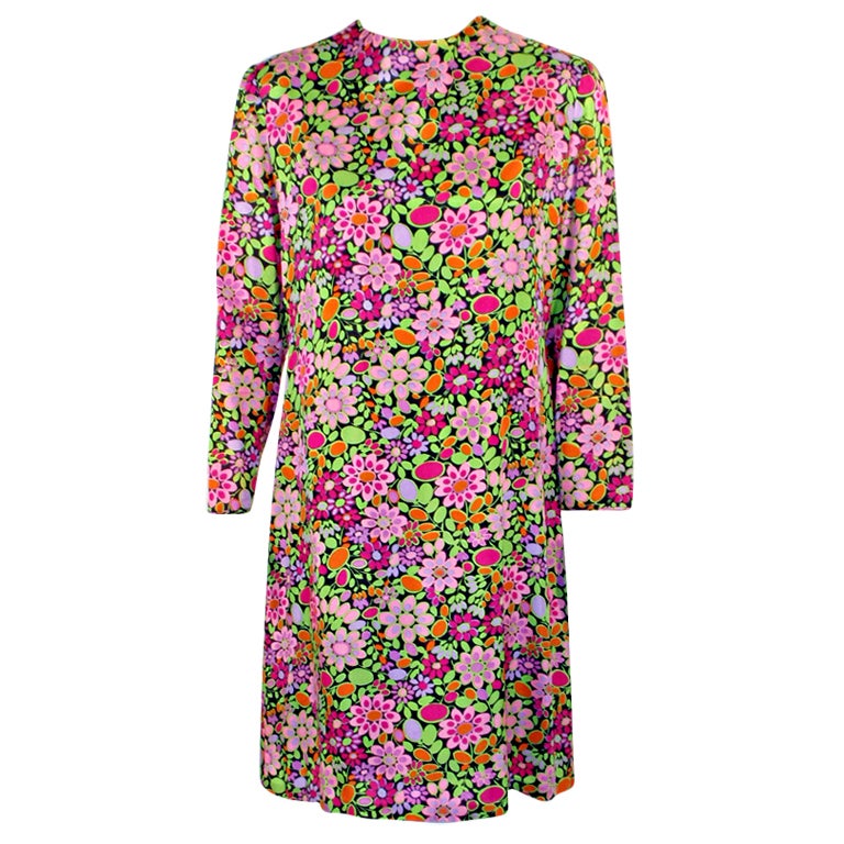 Rudi Gernreich Vintage Floral Print Silk L/S Sheath Dress For Sale