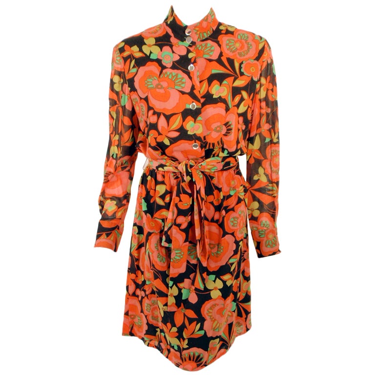 Rudi Gernreich Vintage-Kleid mit Blumendruck in Orange, Rosa und Schwarz im Angebot
