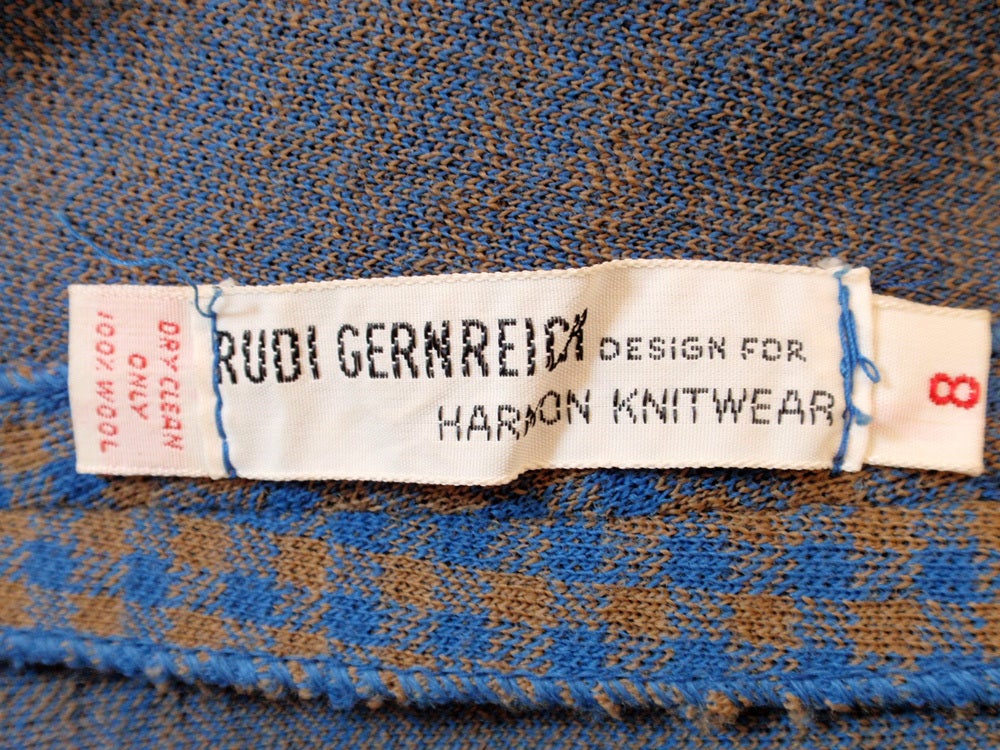 Harmon Knitwear for Rudi Gernreich Vintage Bue & Brown Check Wool Knit Tank Top In Excellent Condition For Sale In Los Angeles, CA