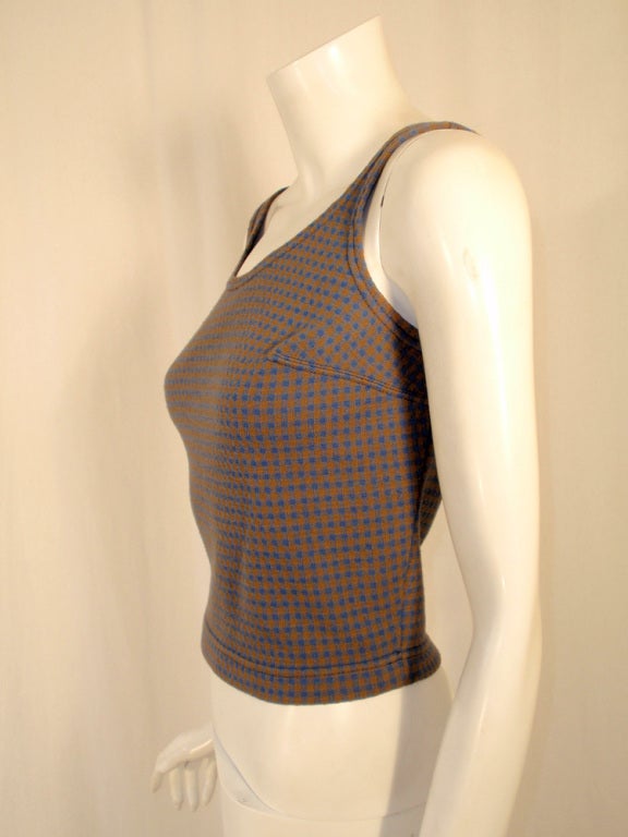 Women's Harmon Knitwear for Rudi Gernreich Vintage Bue & Brown Check Wool Knit Tank Top For Sale