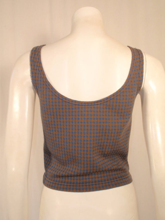 Harmon Knitwear for Rudi Gernreich Vintage Bue & Brown Check Wool Knit Tank Top For Sale 1
