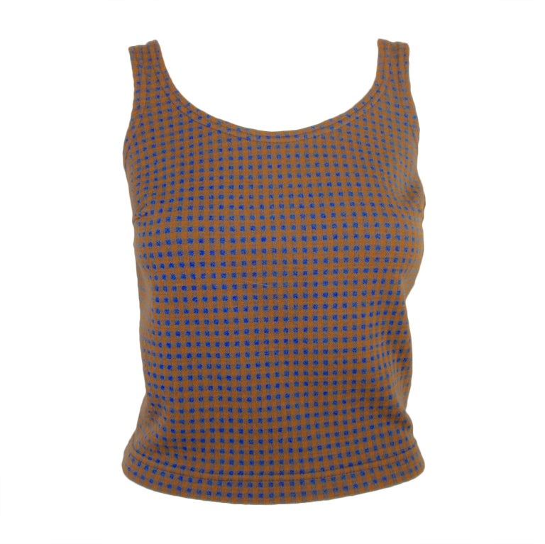 Harmon Knitwear for Rudi Gernreich Vintage Bue & Brown Check Wool Knit Tank Top For Sale