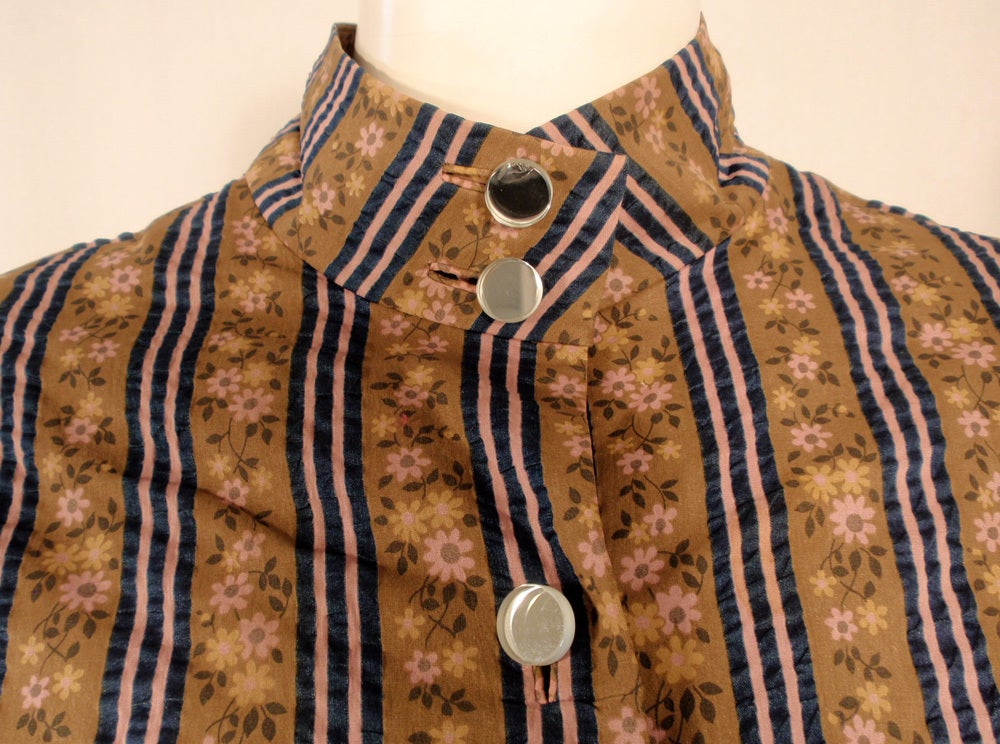 Rudi Gernreich Brown Floral Shirt Dress w/ Mirror Buttons For Sale 3