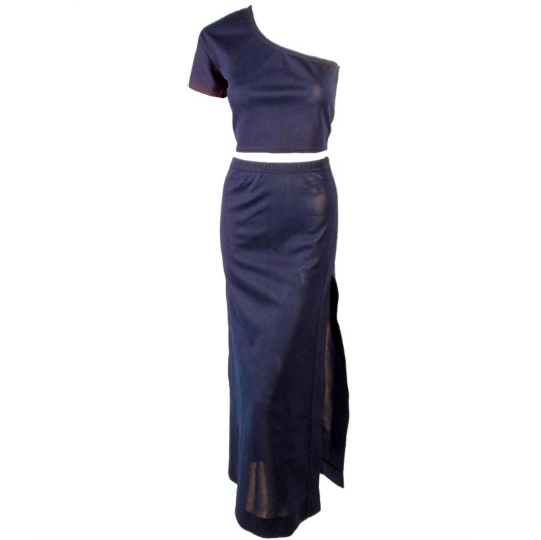 Rudi Gernreich 2 pc. Navy 1 Shoulder Crop Top/Long Slit Skirt For Sale