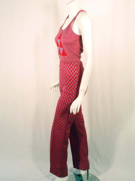 Rudi Gernreich 2 pc. Red & Purple Check Tank Top & Pants Set In Excellent Condition For Sale In Los Angeles, CA