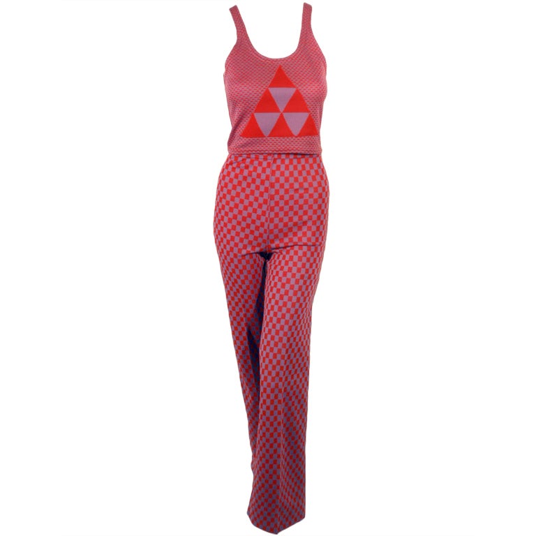 Rudi Gernreich 2 Stck. Rotes & lila kariertes Tank-Top & Hosen-Set im Angebot