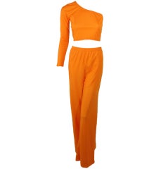 Rudi Gernreich 2 pc Orange Knit One Shoulder Crop Top & Pants