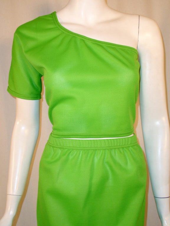 Rudi Gernreich Green Knit One Shoulder S/S Crop Top & Long Skirt For Sale 2