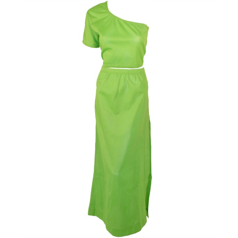 Rudi Gernreich Green Knit One Shoulder S/S Crop Top & Long Skirt For Sale