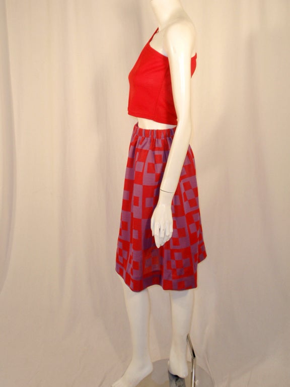 Rudi Gernreich 2 pc. Red Knit 1 Shoulder Top, Red & Purple Skirt In Excellent Condition For Sale In Los Angeles, CA