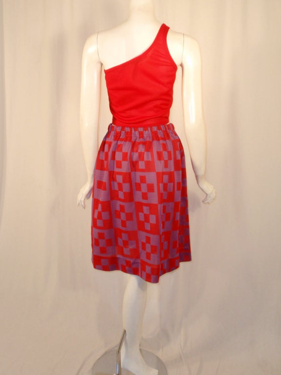 Women's Rudi Gernreich 2 pc. Red Knit 1 Shoulder Top, Red & Purple Skirt For Sale