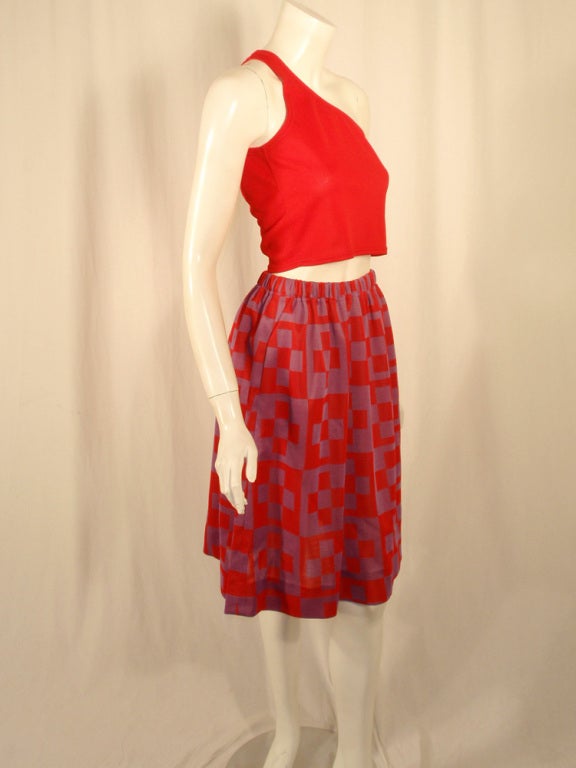 Rudi Gernreich 2 pc. Red Knit 1 Shoulder Top, Red & Purple Skirt For Sale 1