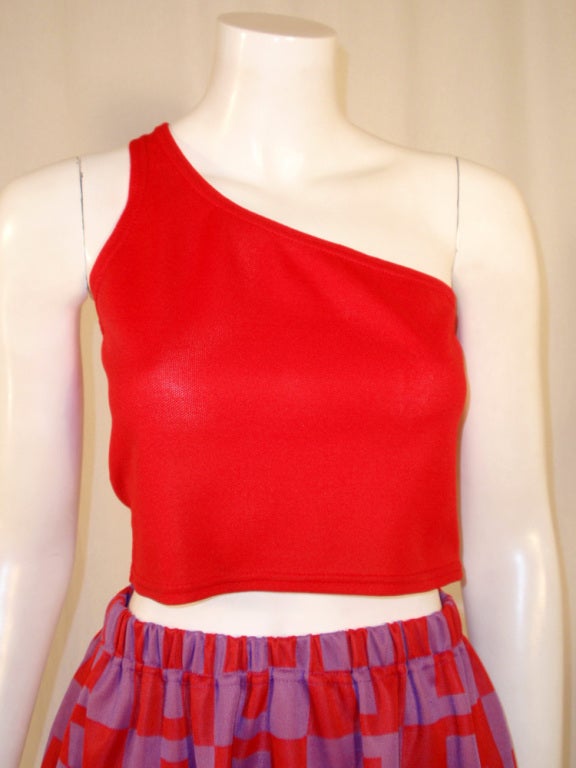 Rudi Gernreich 2 pc. Red Knit 1 Shoulder Top, Red & Purple Skirt For Sale 2