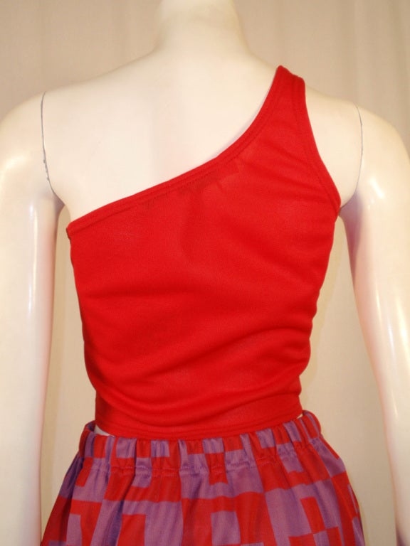 Rudi Gernreich 2 pc. Red Knit 1 Shoulder Top, Red & Purple Skirt For Sale 3