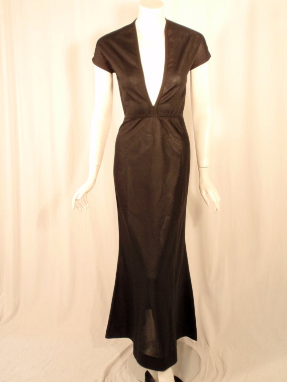 Rudi Gernreich Black Knit Short Sleeve Deep V-Neck Gown