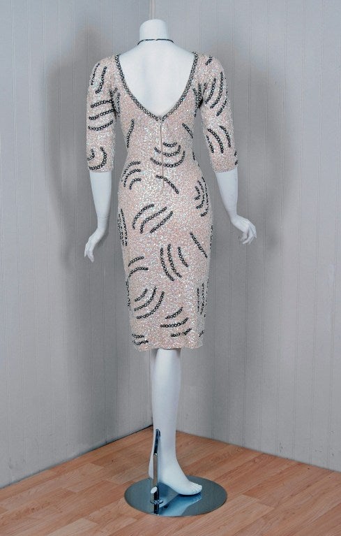 1950's Gene Shelly Ivory-Creme Fully Sequin Beaded Wiggle Dress 1