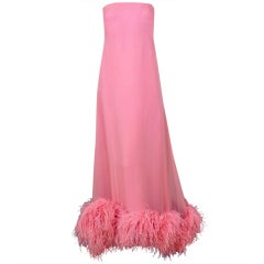 1960's Shannon Rodgers Pink Silk Chiffon & Ostrich-Feathers Gown