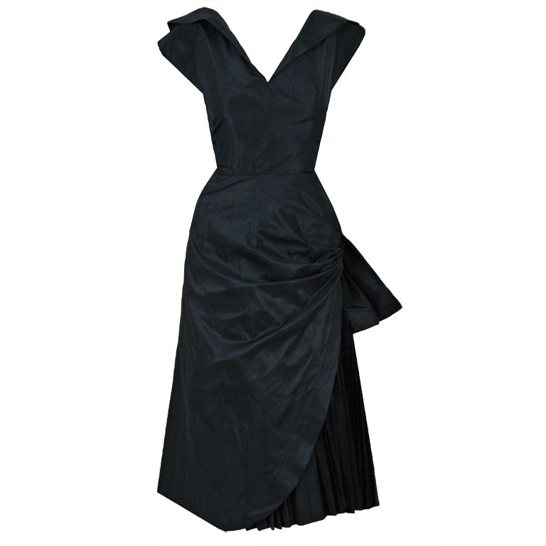 1950's Adele Simpson Low-Cut Black Asymmetric Cocktail Dress at 1stDibs