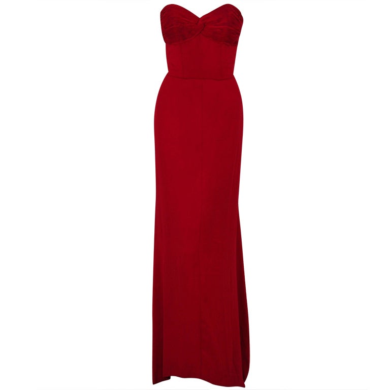 1940's Cranberry-Red Strapless Crepe Pleated-Back Evening Gown